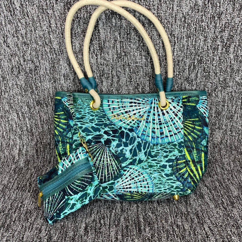 Palm Island Sea Turtle Seashell Tote Bag Pouch Set Teal Blue Beach Rope Handle - Picture 9 of 16